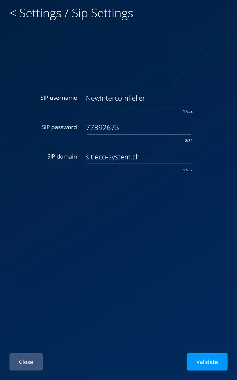 Intercom SIP Settings