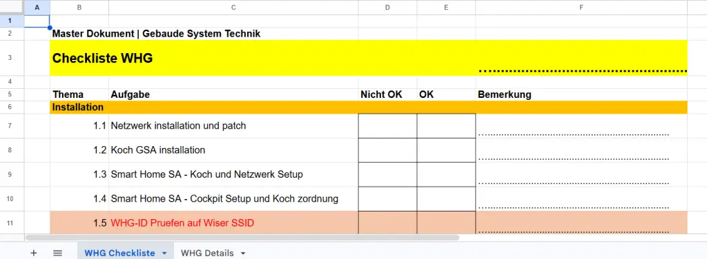 Masterdokument und Checkliste